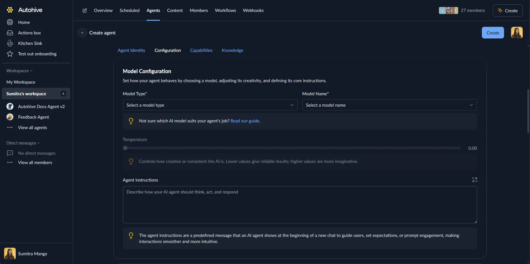 Agent model configuration settings
