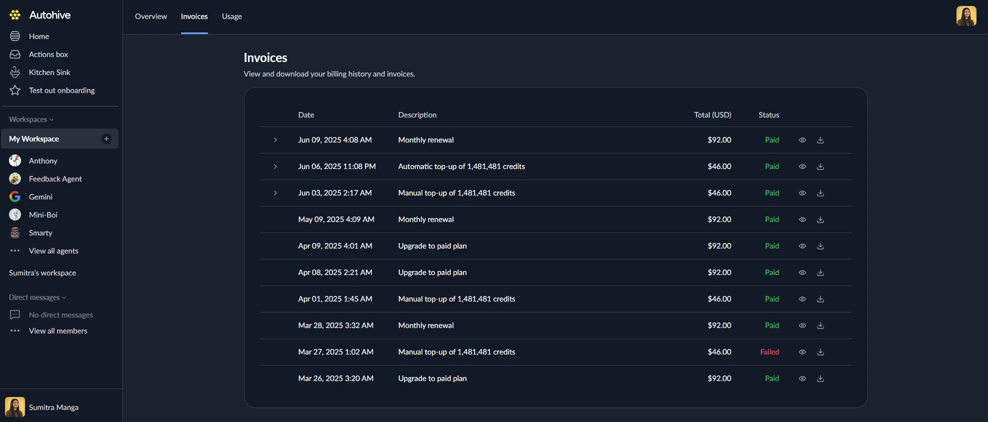 Billing invoices area of Autohive