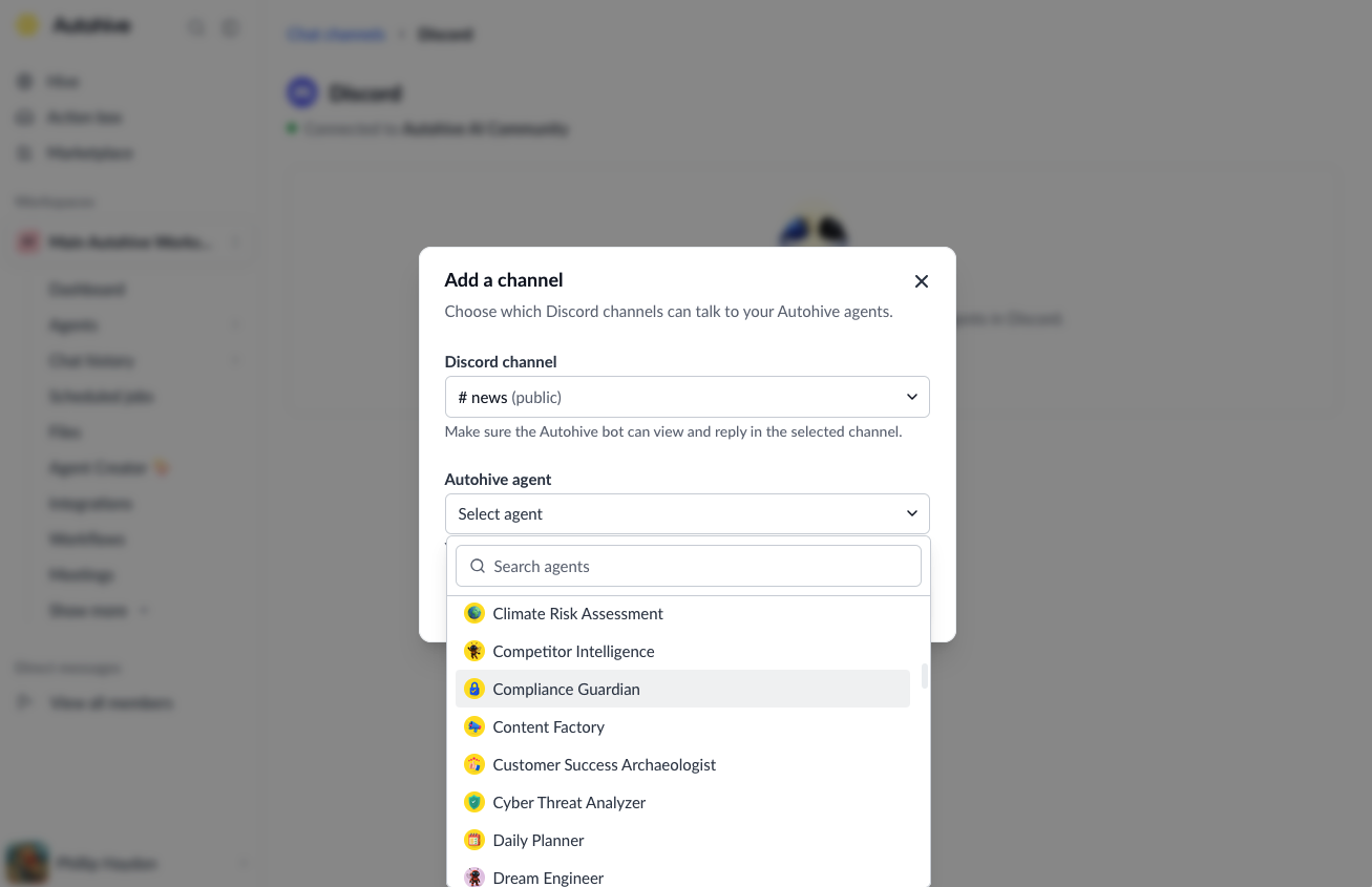 Add a channel panel with a Discord channel and Autohive agent selected