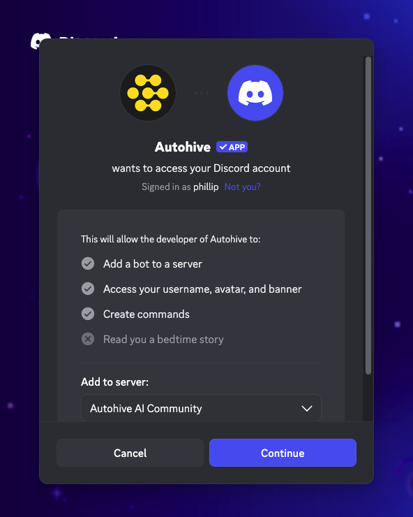 Discord authorization screen with the server selector and requested permissions