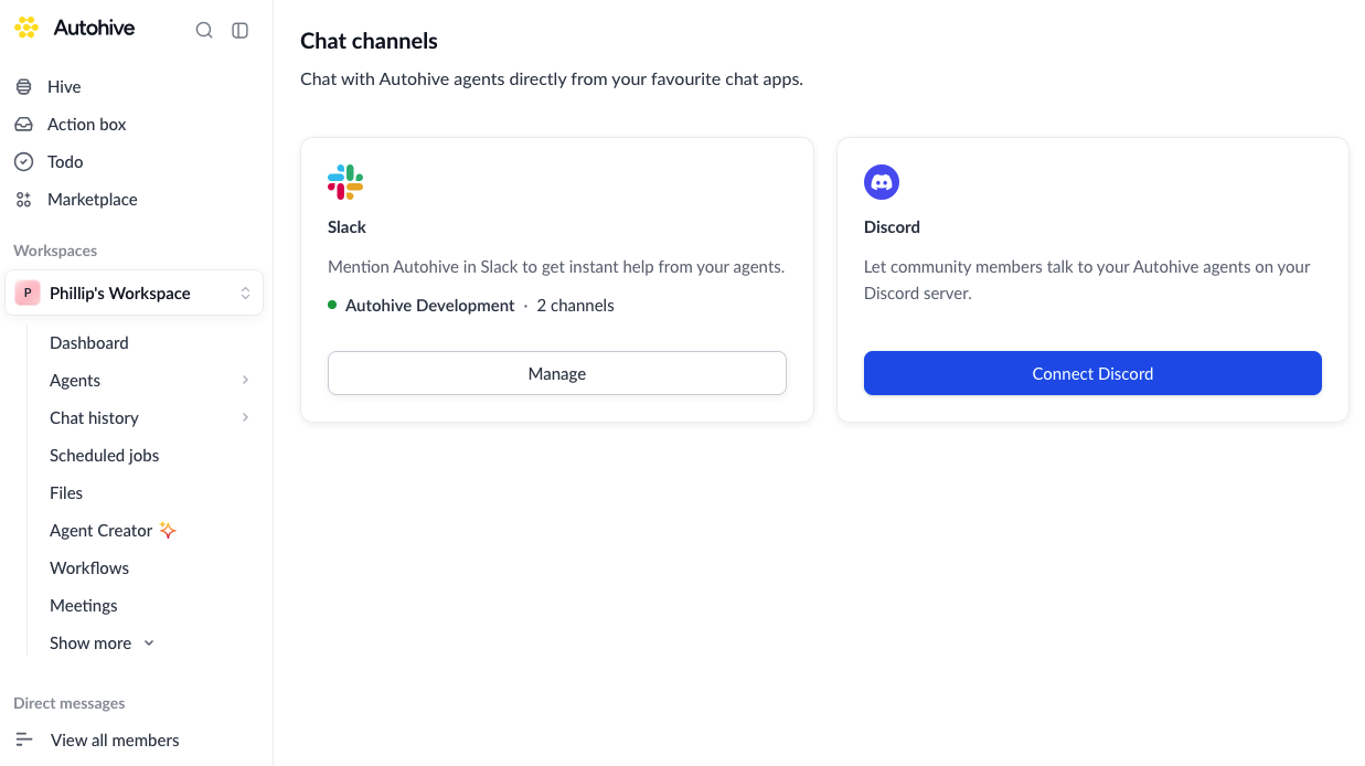 Chat channels catalog with the Discord card ready to connect