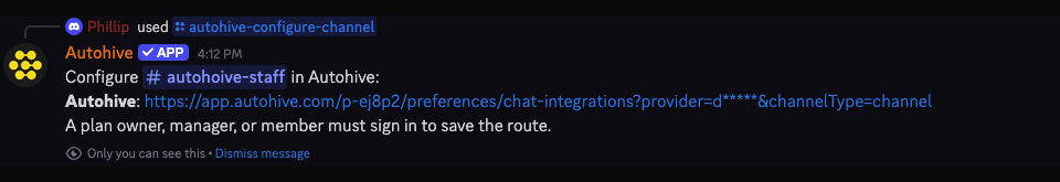 Private Discord response to the autohive-configure-channel command
