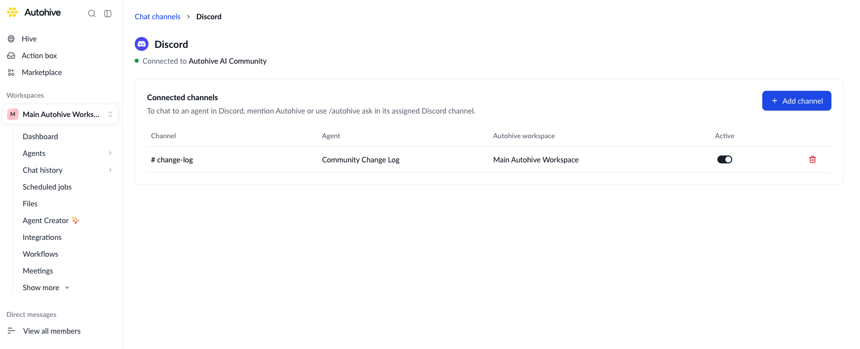 Discord chat-channel settings with active routes in Connected channels