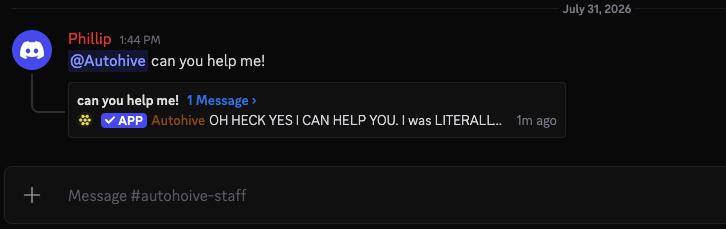 Discord channel showing a user mentioning Autohive and the bot creating a conversation thread