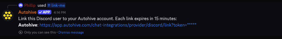 Private Discord response to the link-me command with a plan-specific account-linking URL