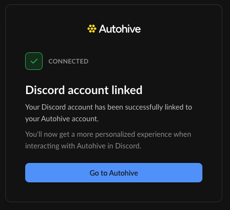Discord account linked success page in Autohive