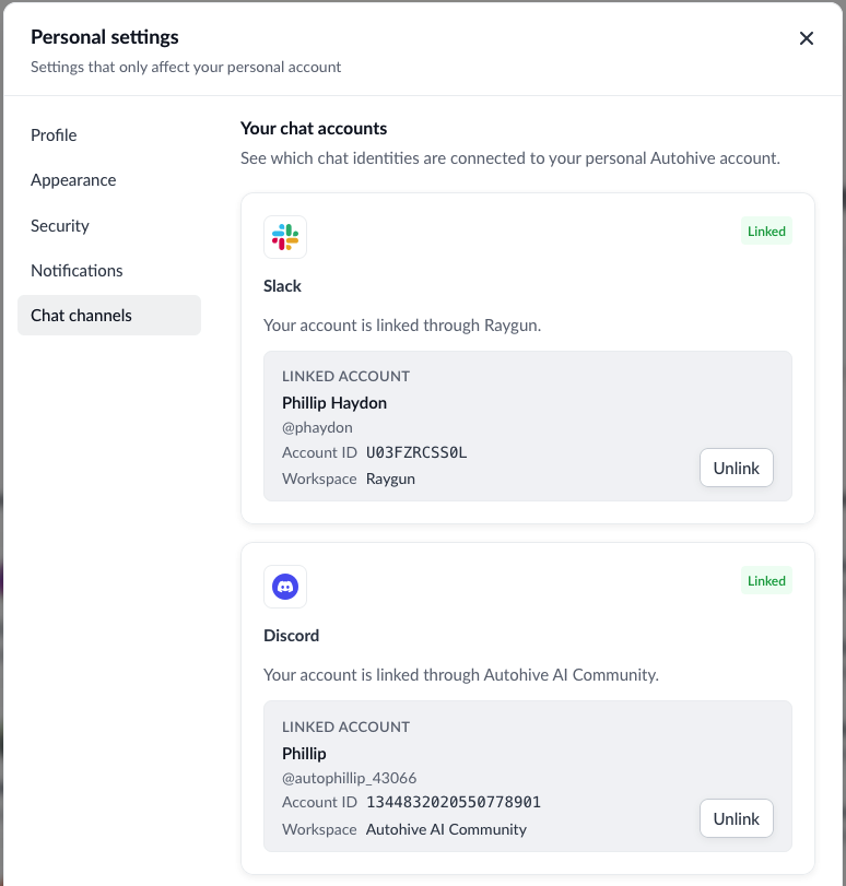 Linked Discord identity under Personal settings and Chat channels