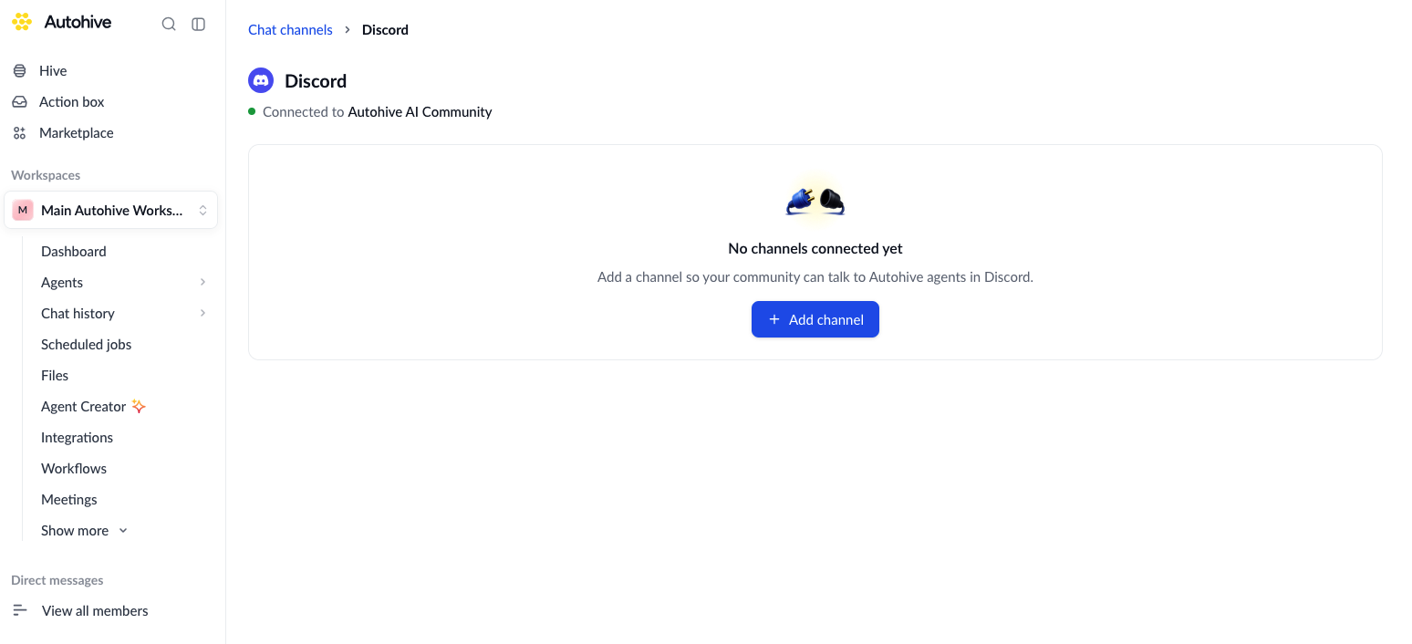 Discord chat-channel settings immediately after connecting a server