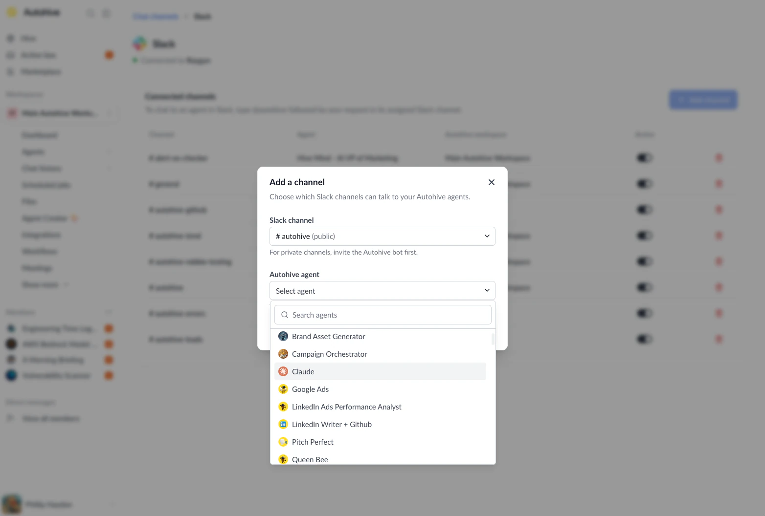 Add a channel panel with a Slack channel selected and the Autohive agent selector open