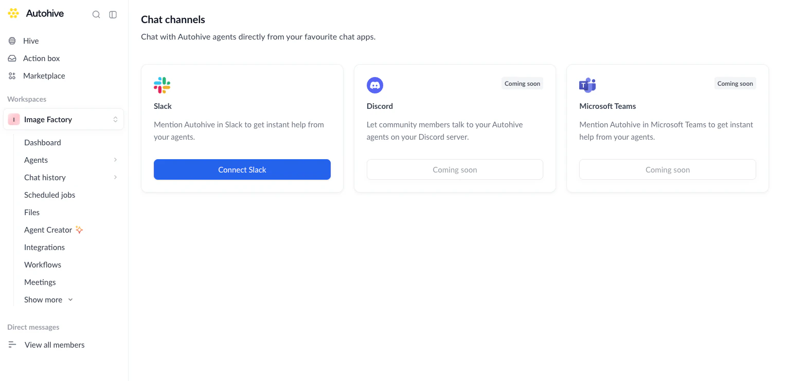 Chat channels catalog showing Slack ready to connect and Discord and Microsoft Teams coming soon