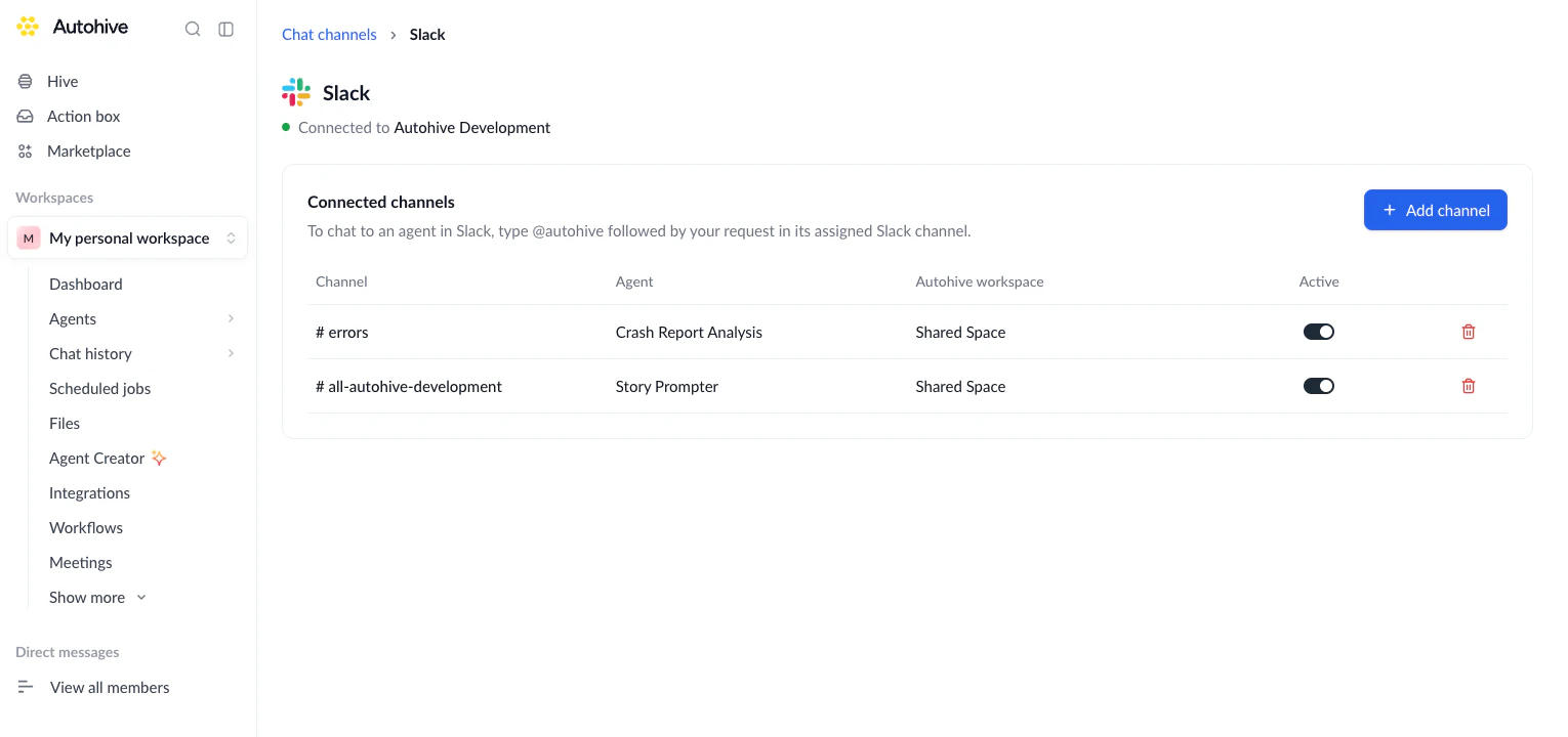 Slack chat-channel settings showing the connected workspace and active channel routes