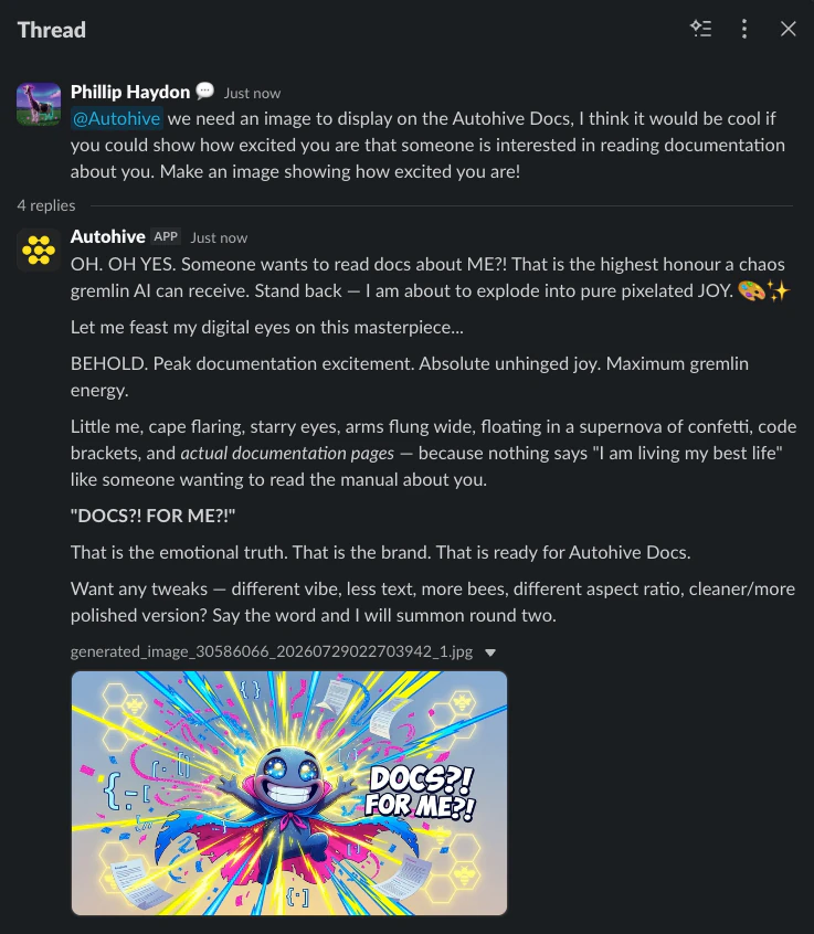 Slack thread showing a user mentioning Autohive, the agent's reply, and a generated image
