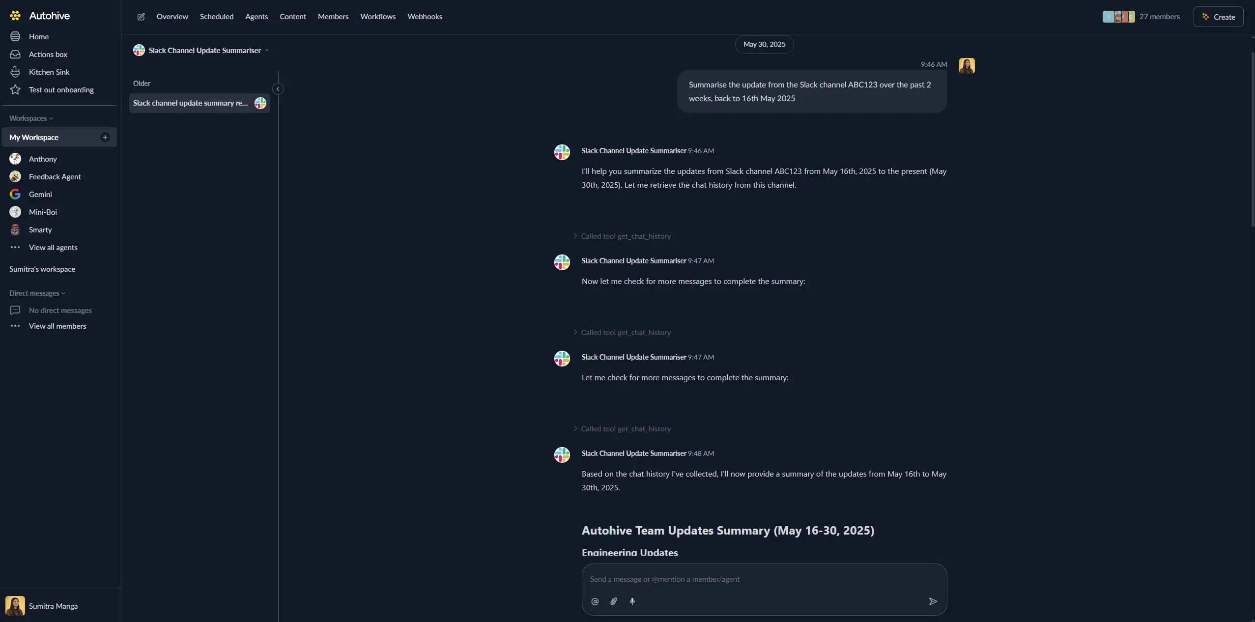 Agent and user chatting together about Slack updates