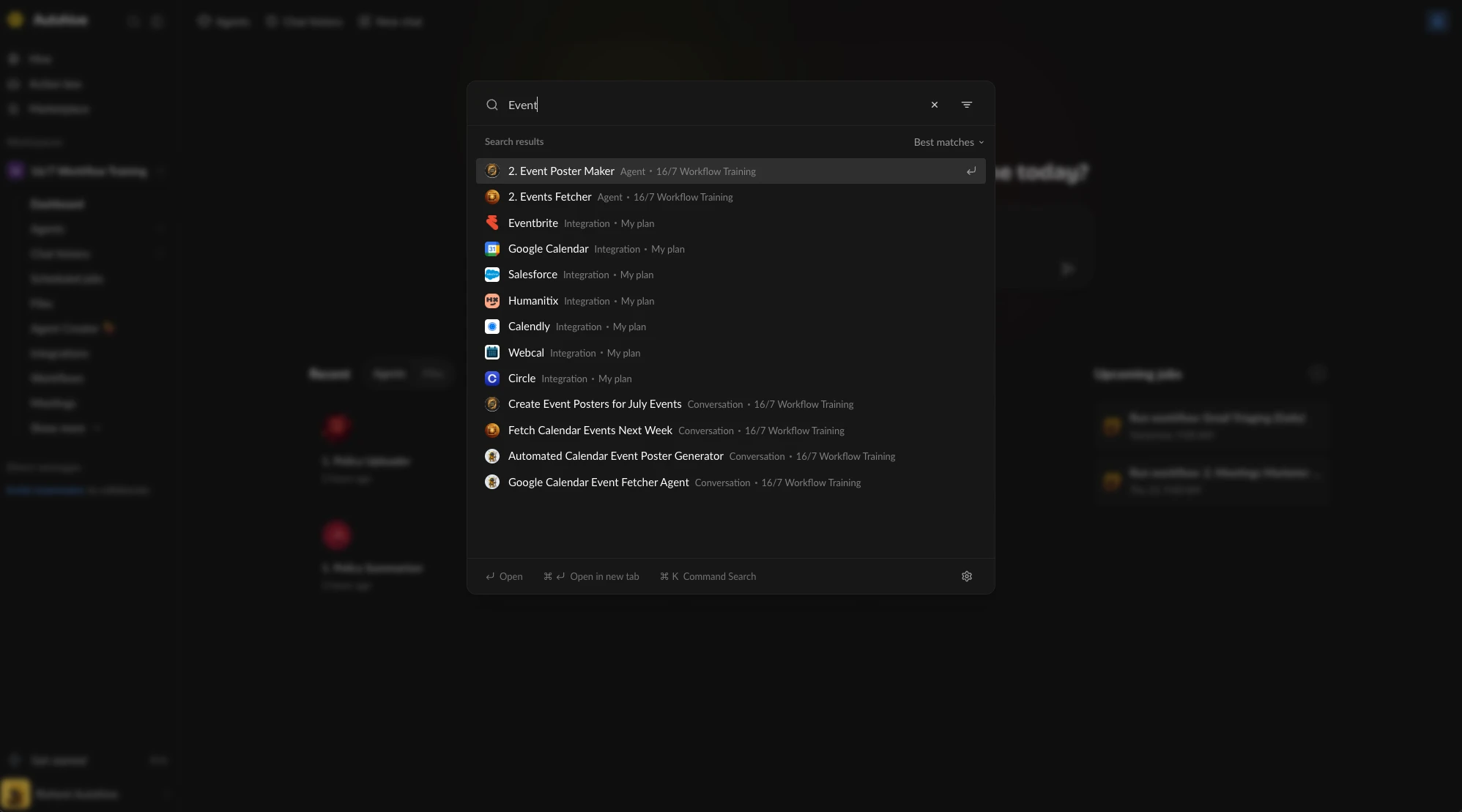 Search palette in dark mode open over the Autohive app, showing results for a query with each result's type and workspace