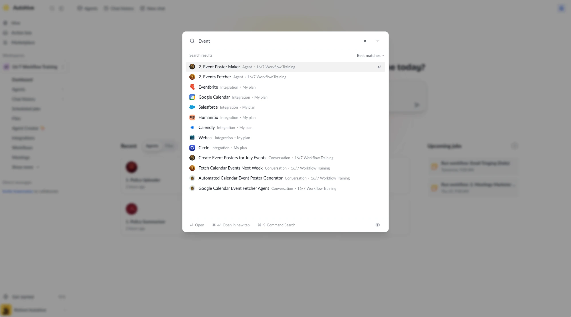 Search palette open over the Autohive app, showing results for a query with each result's type and workspace