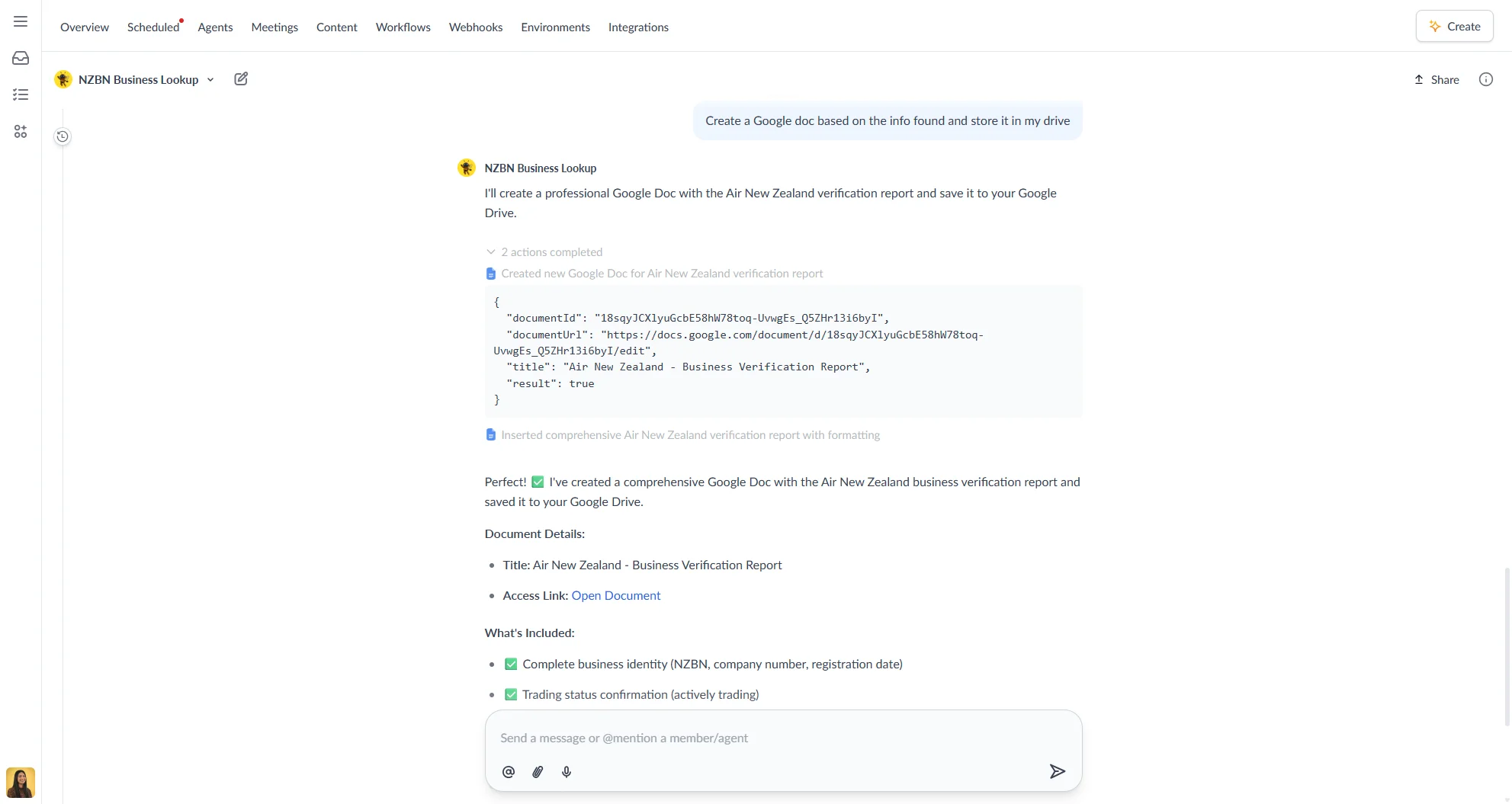 Integration used in agent chat