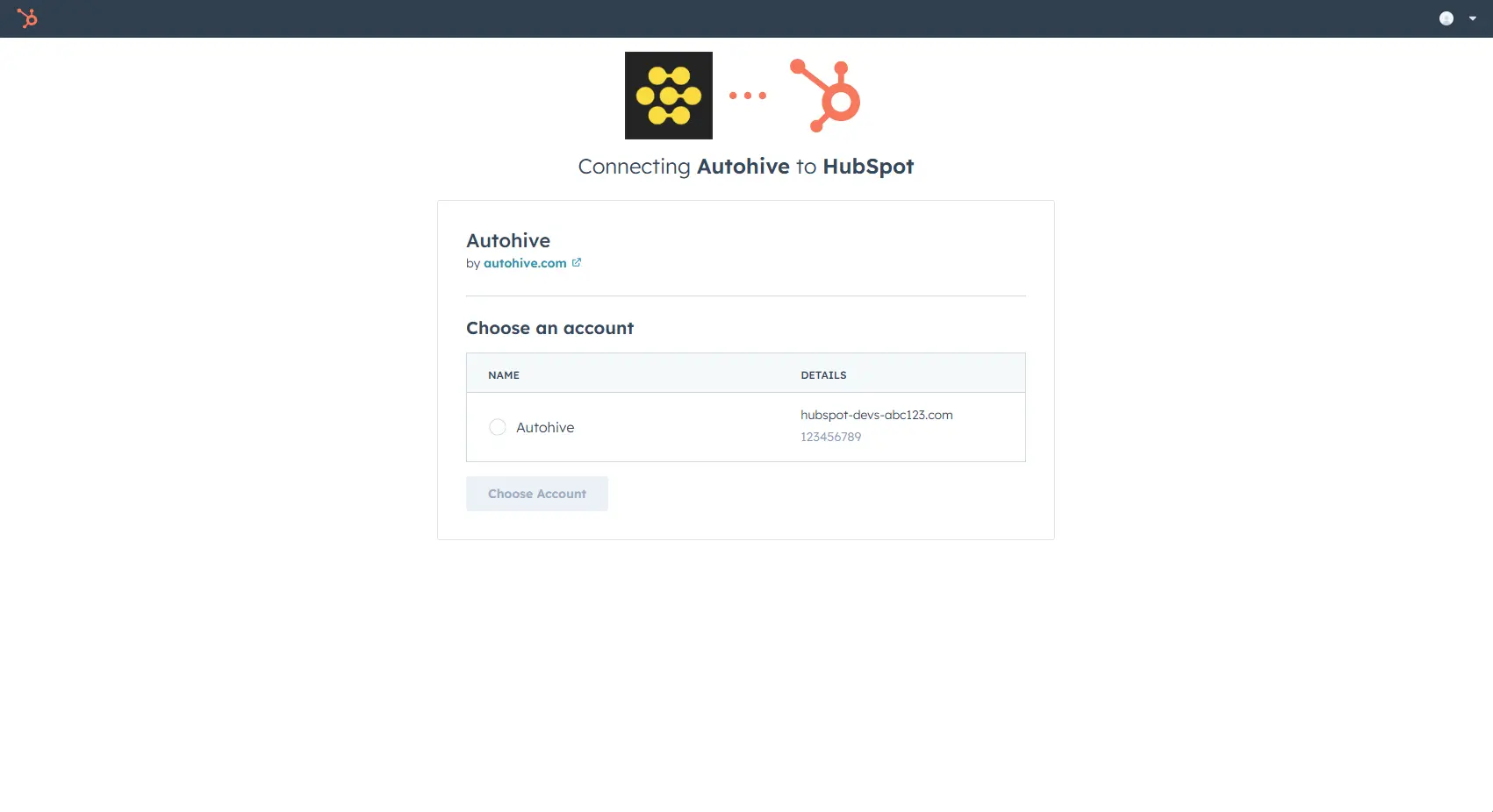 HubSpot auth screen when authenticating with Autohive and HubSpot