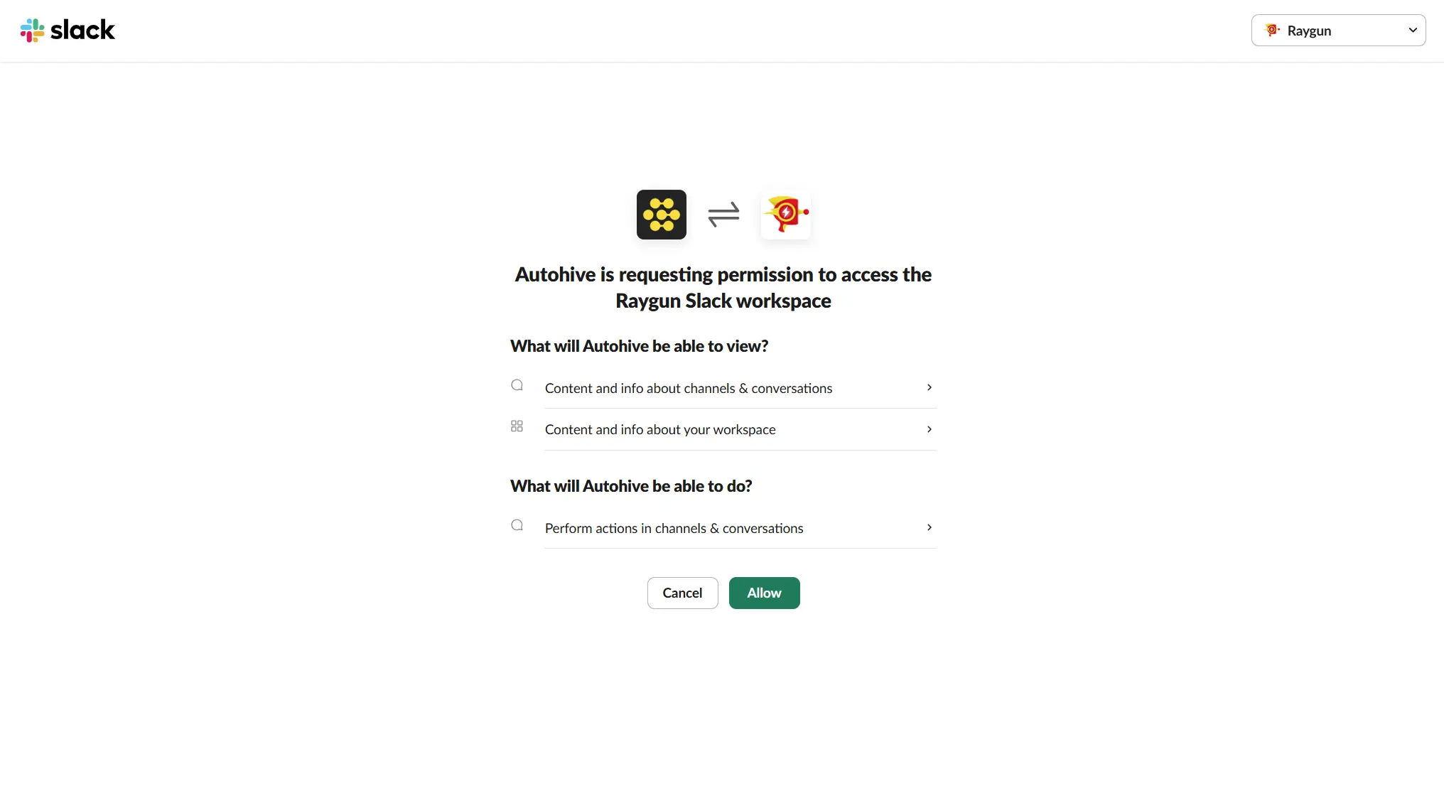 Slack auth screen when authenticating with Autohive and Slack
