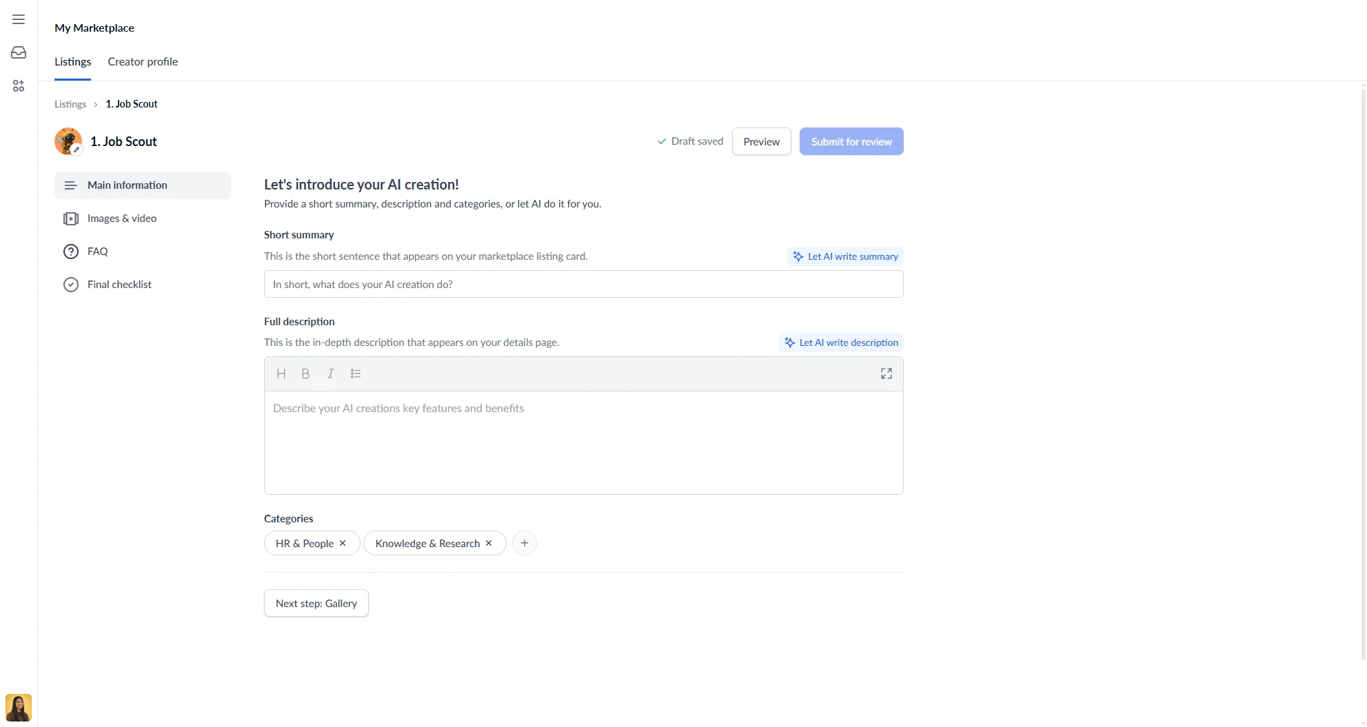 My marketplace create listing view