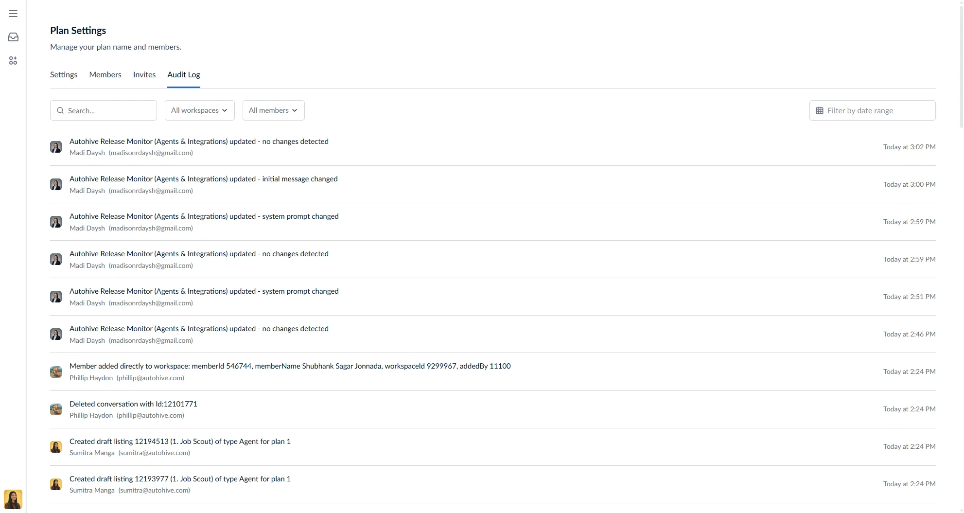 Plan settings - Audit log page