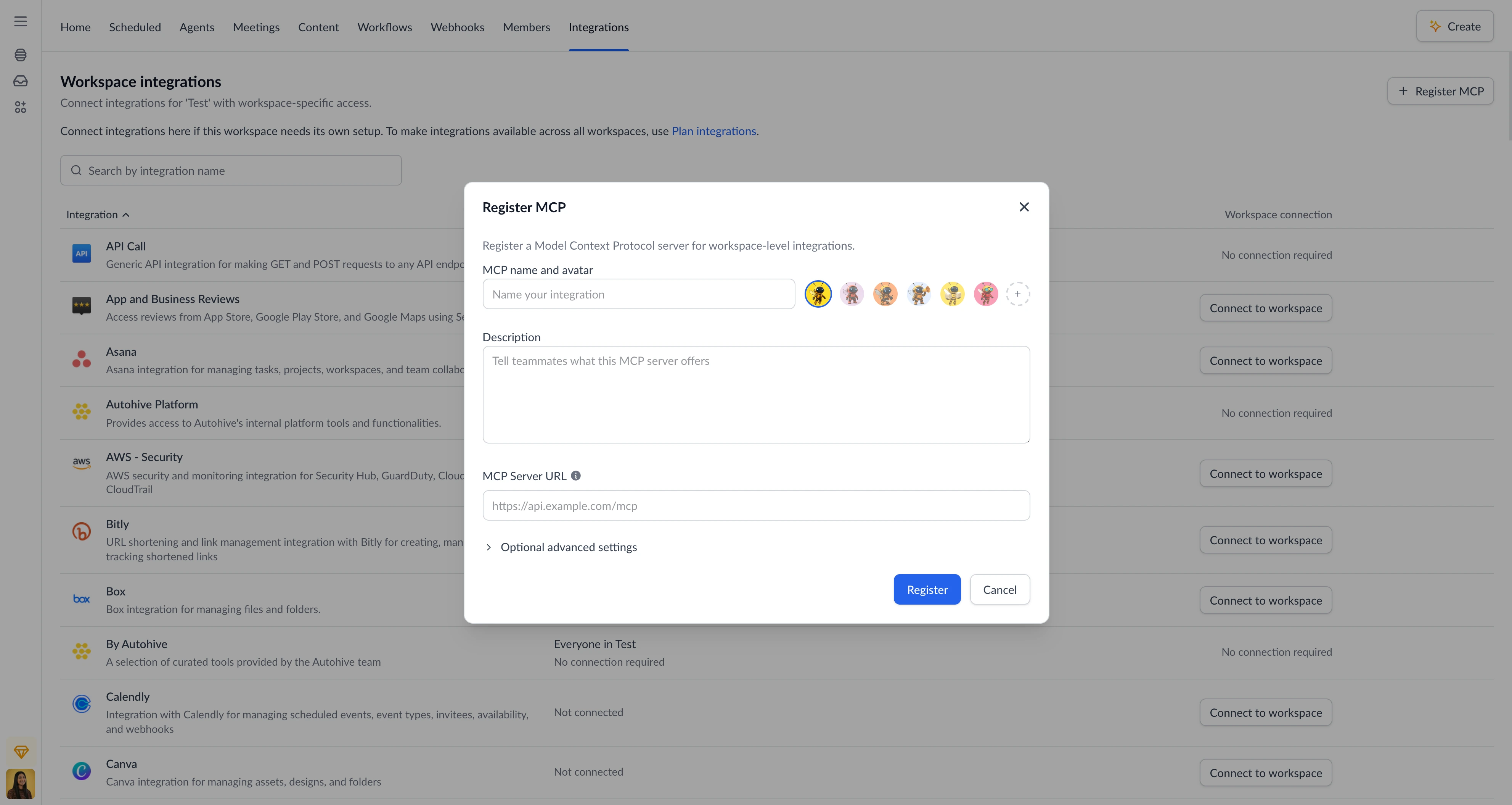 MCP registration modal