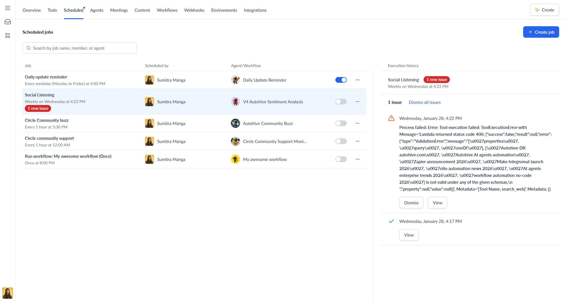 Scheduled Jobs history panel