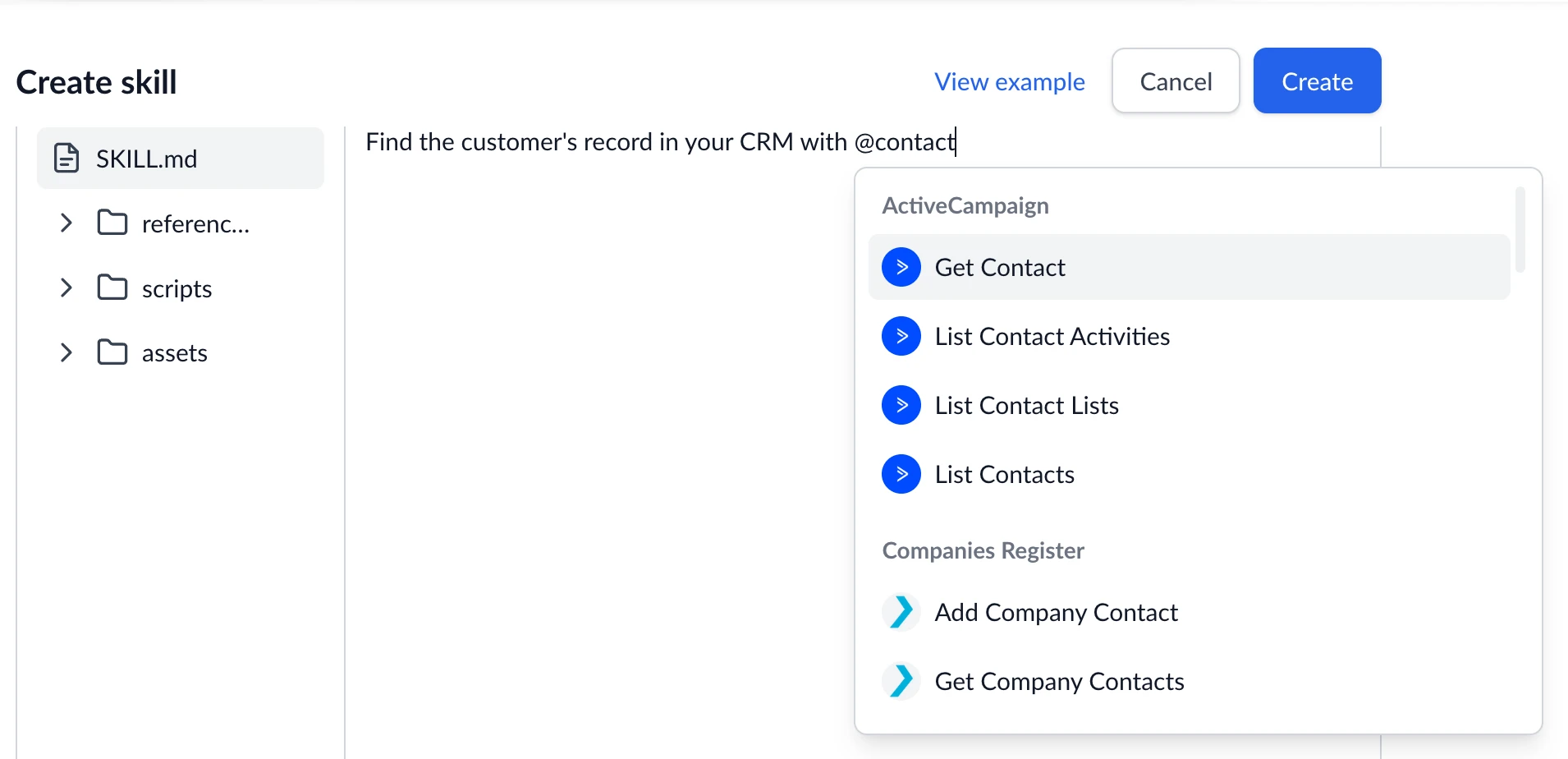 Typing @ in a skill's instructions opens a picker listing integration actions grouped by tool