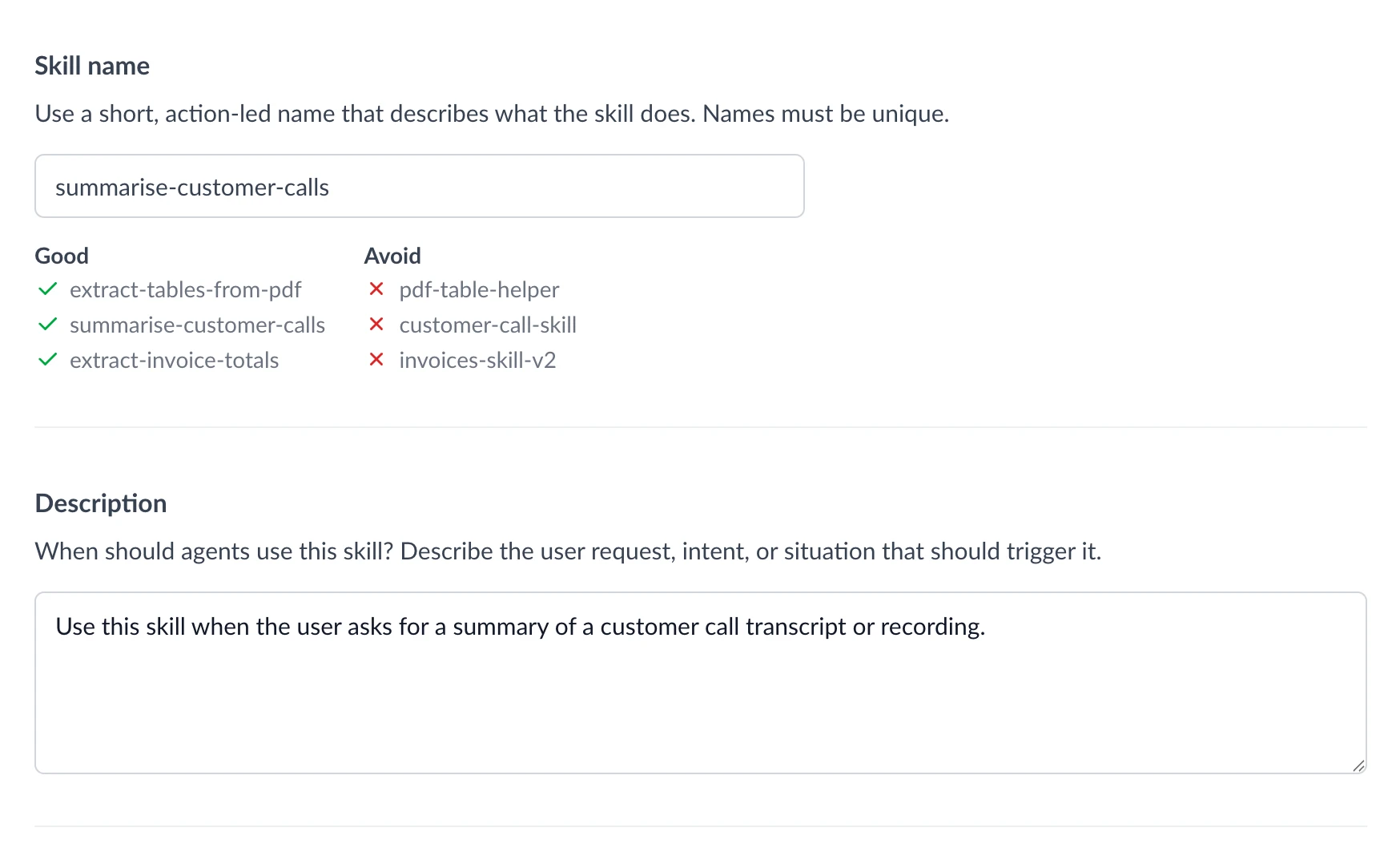 The skill editor showing the Skill name field with good and avoid examples, and the Description field