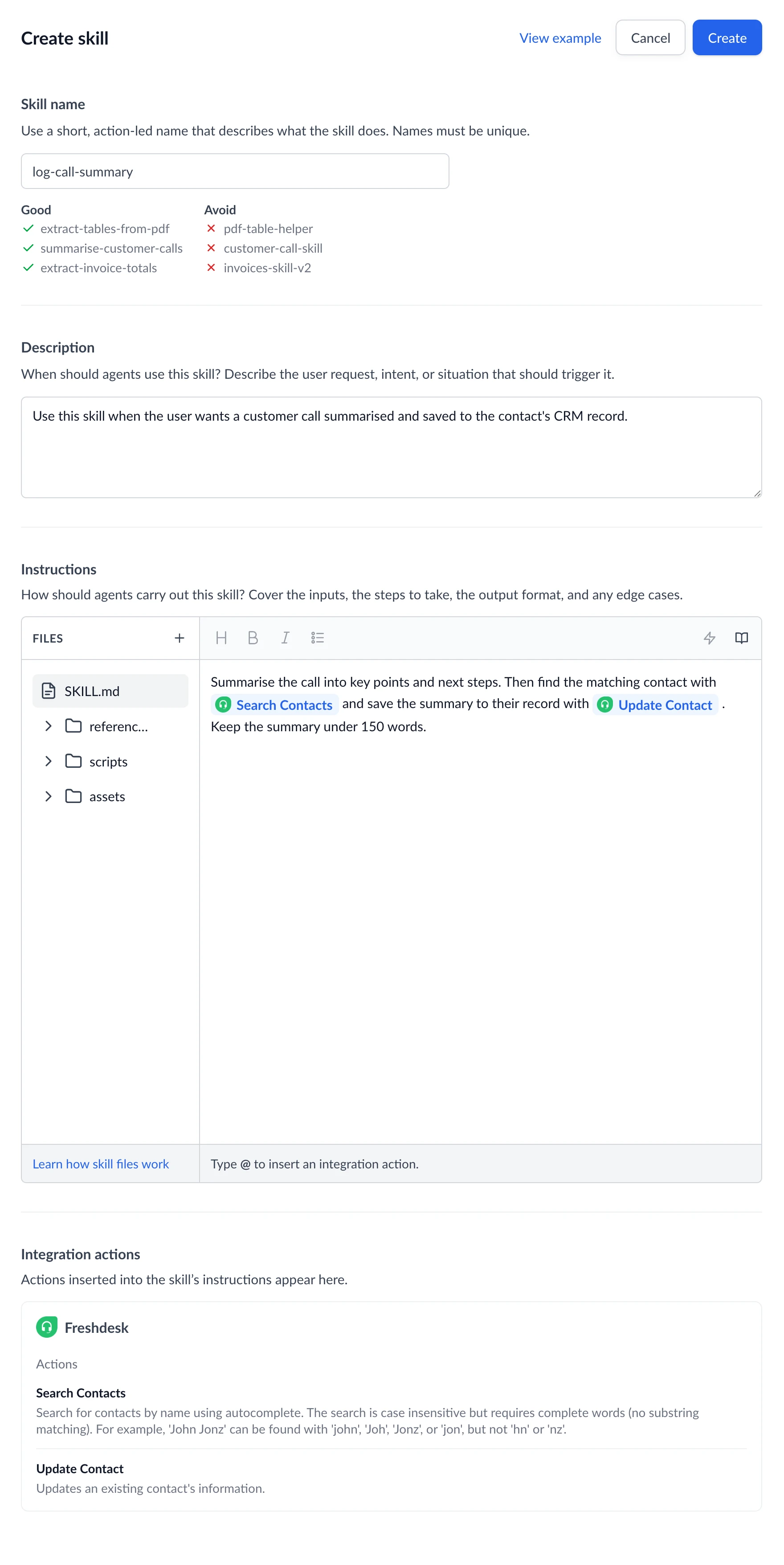 The skill editor page, showing the read-only Integration actions panel that lists the actions inserted into a skill's instructions