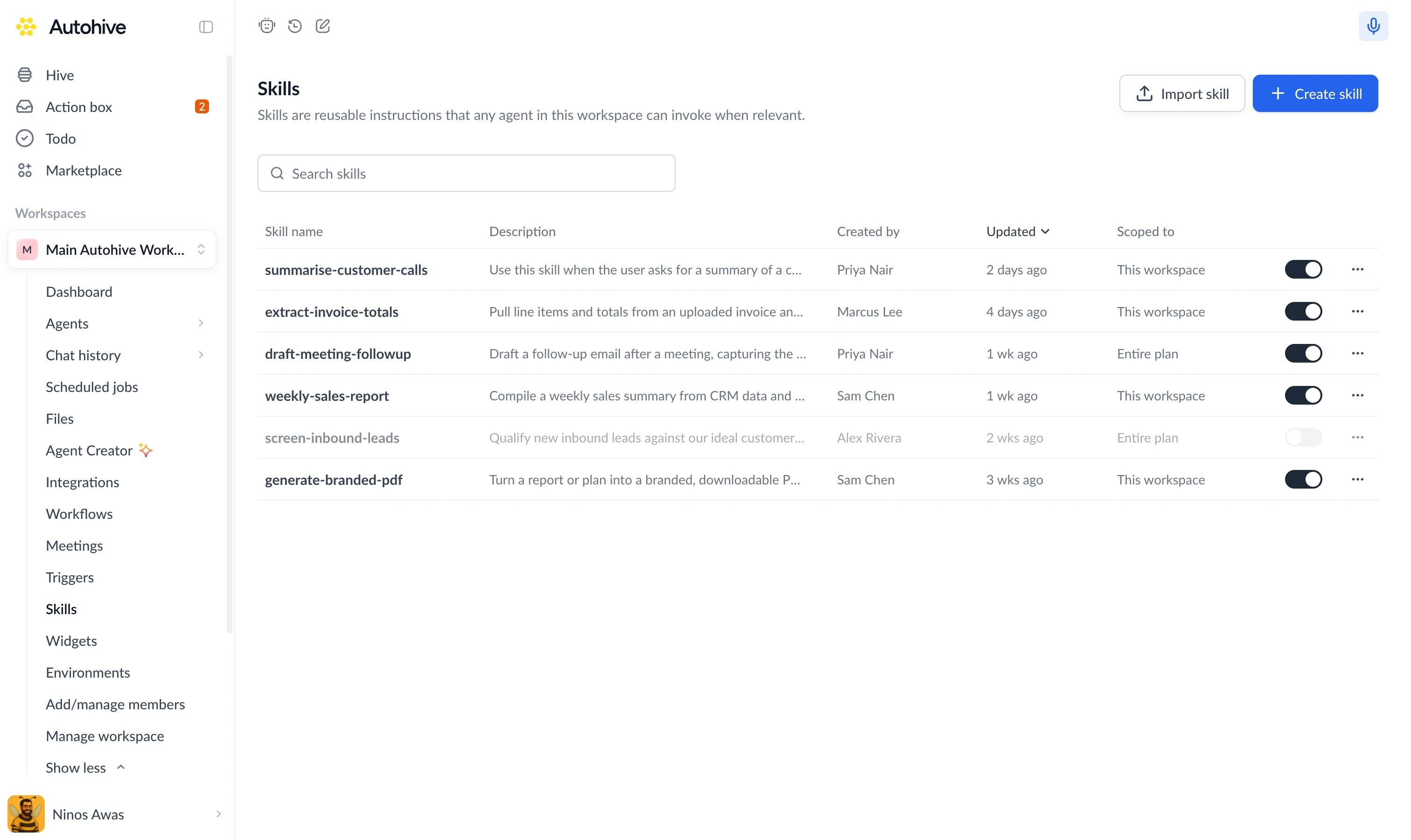The Skills page in a workspace, listing the skills available to its agents