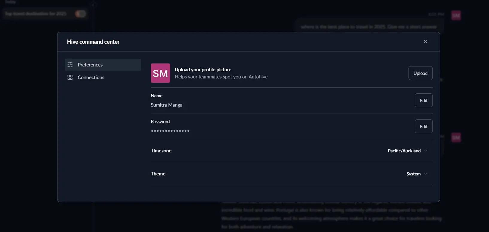 User settings view