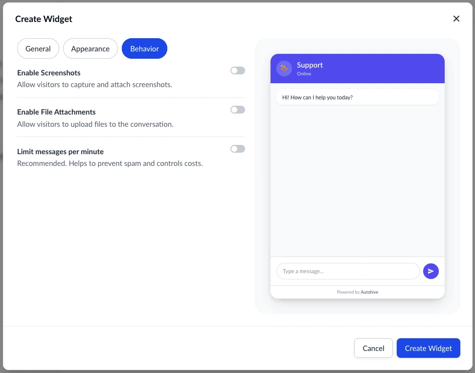 Widget behavior settings for screenshots, attachments, and rate limits