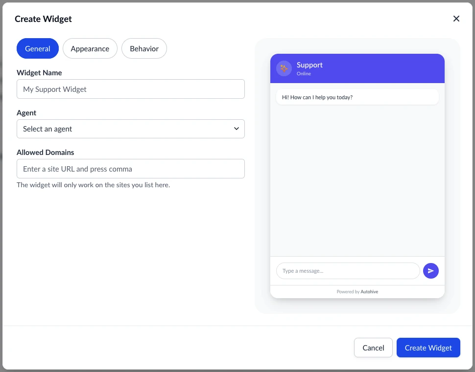 Create widget form showing widget name, agent, and allowed domains