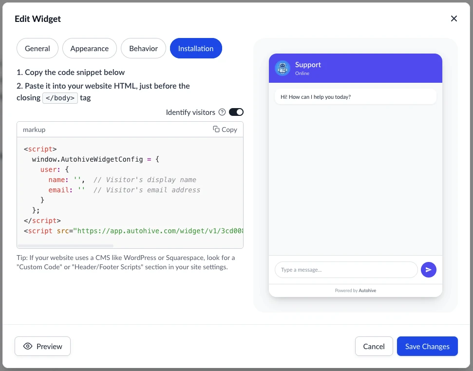 Widget installation section with embed code