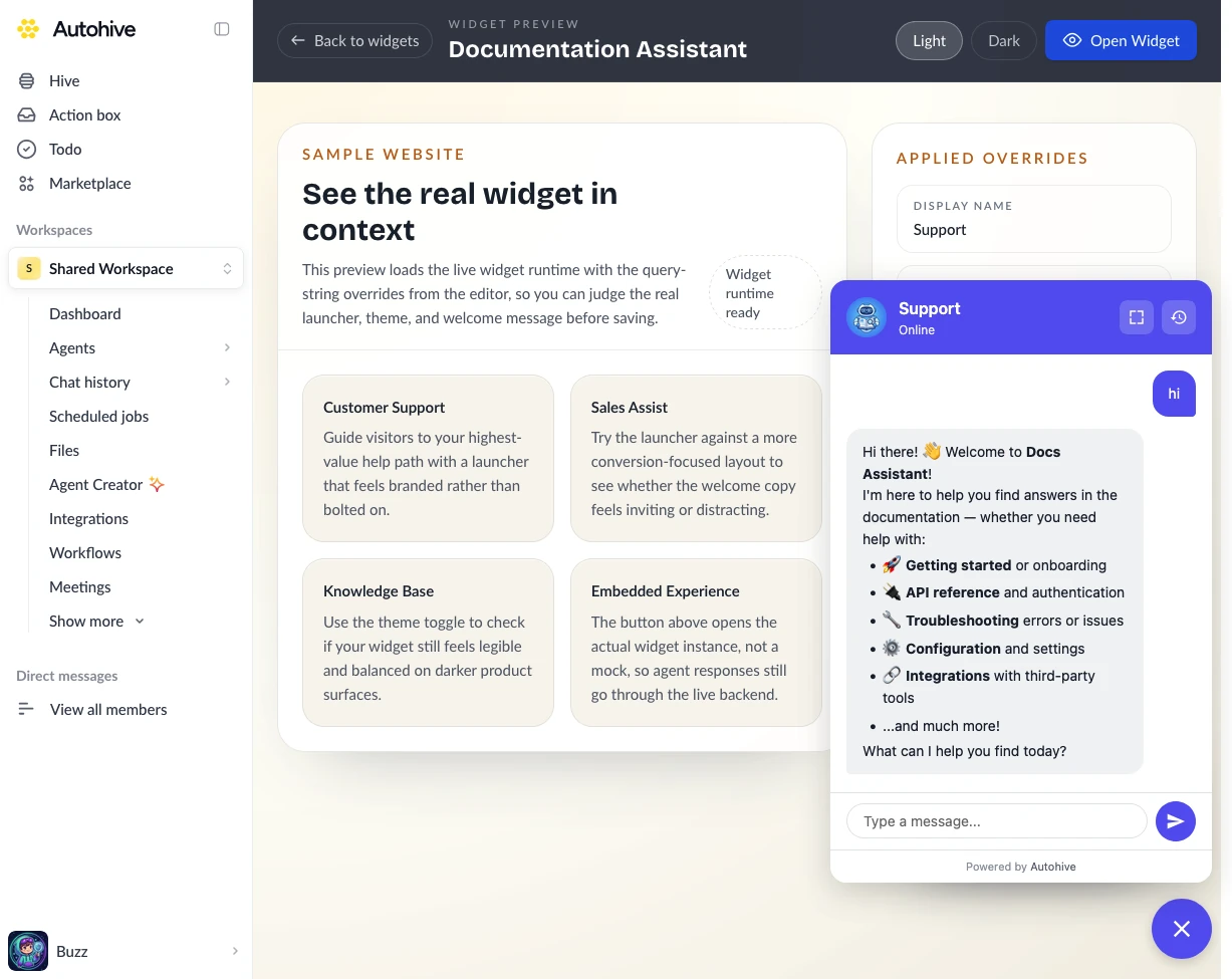 Live widget preview on a website page