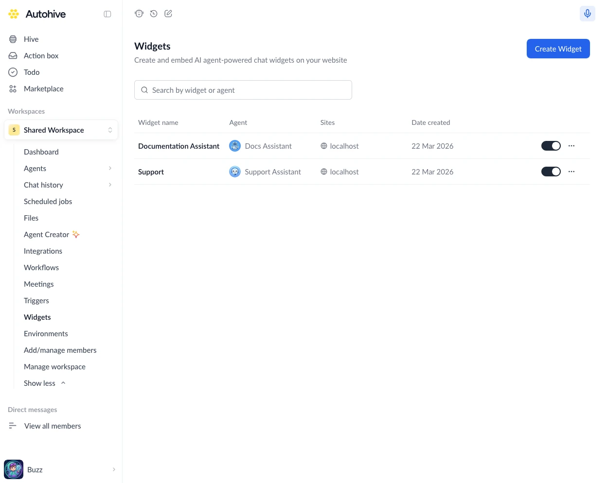Widgets page showing existing widgets and their actions
