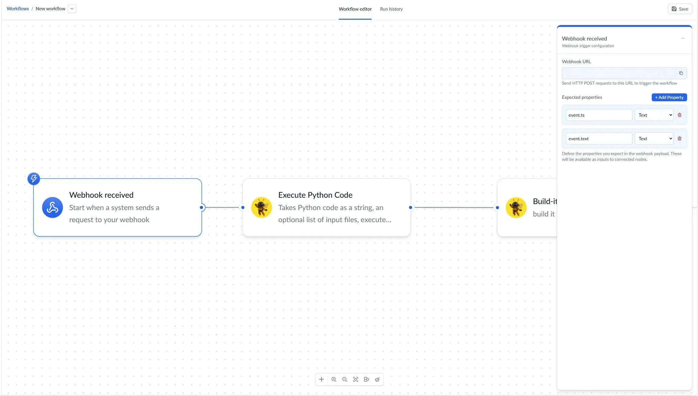 Workflow showing webhook trigger with property selection and data flow