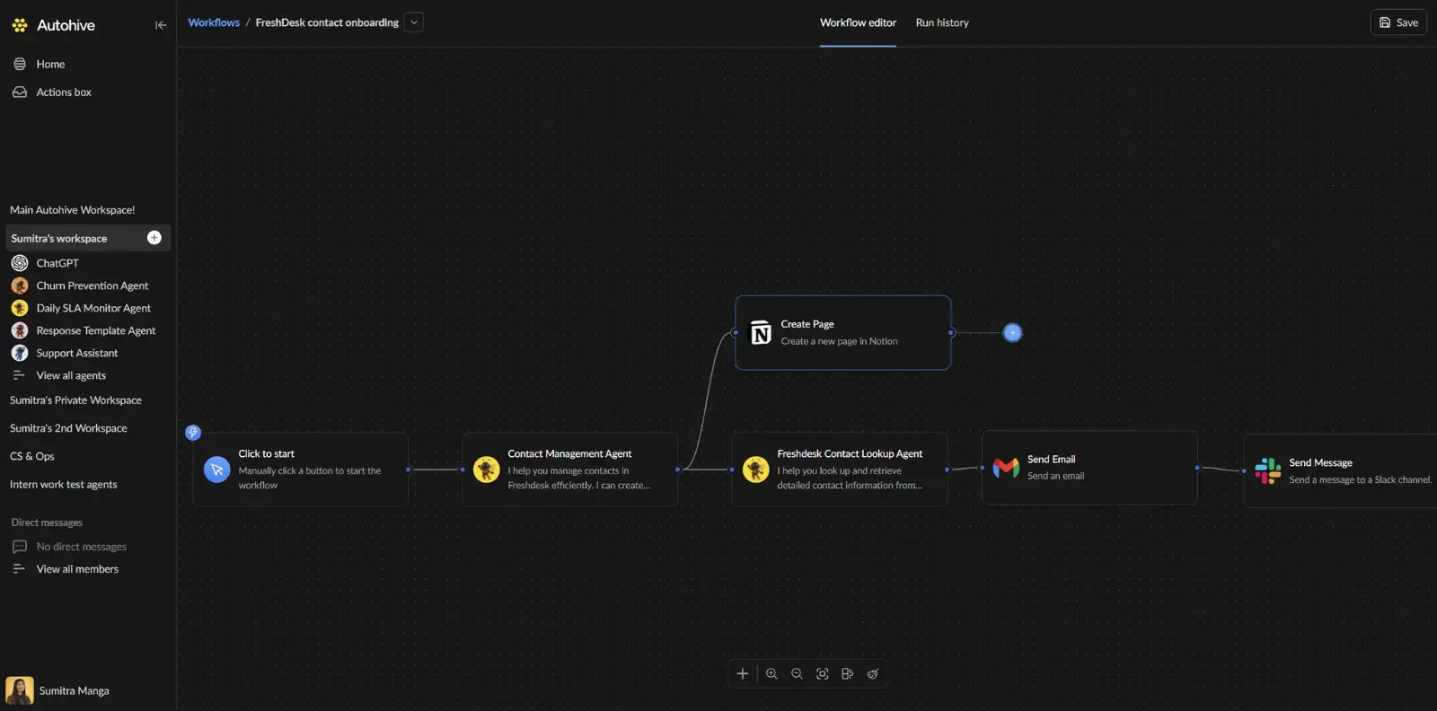 Workflow canvas editor showing a connected automation flow