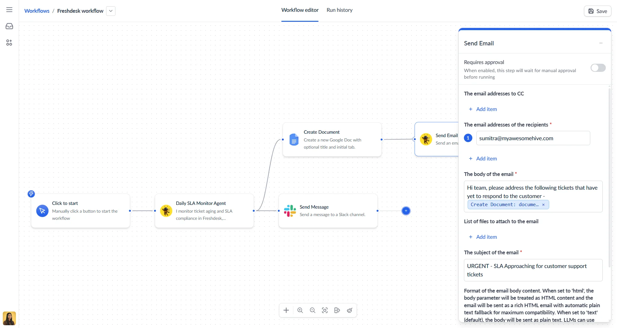 Workflow canvas editor showing a connected automation flow