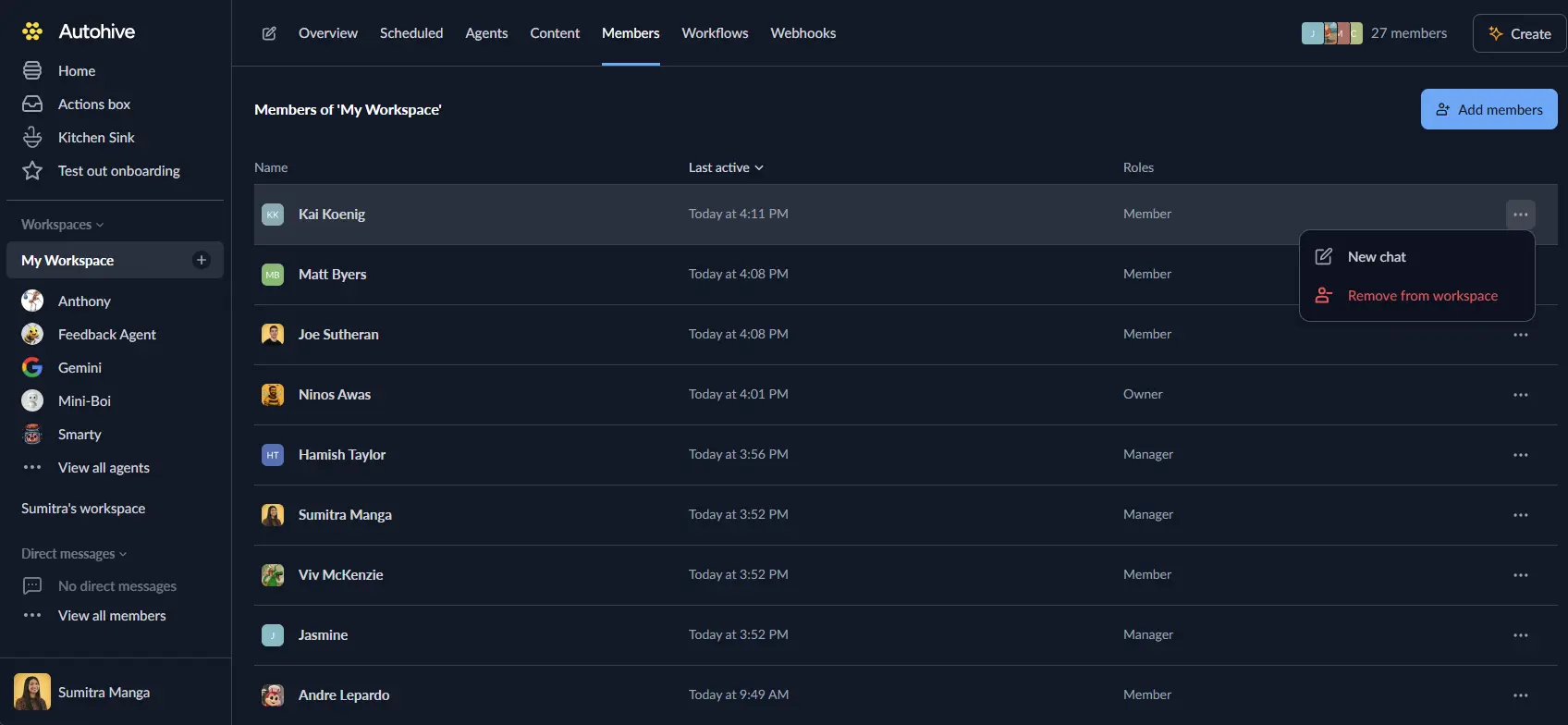 Workspace members management in Autohive